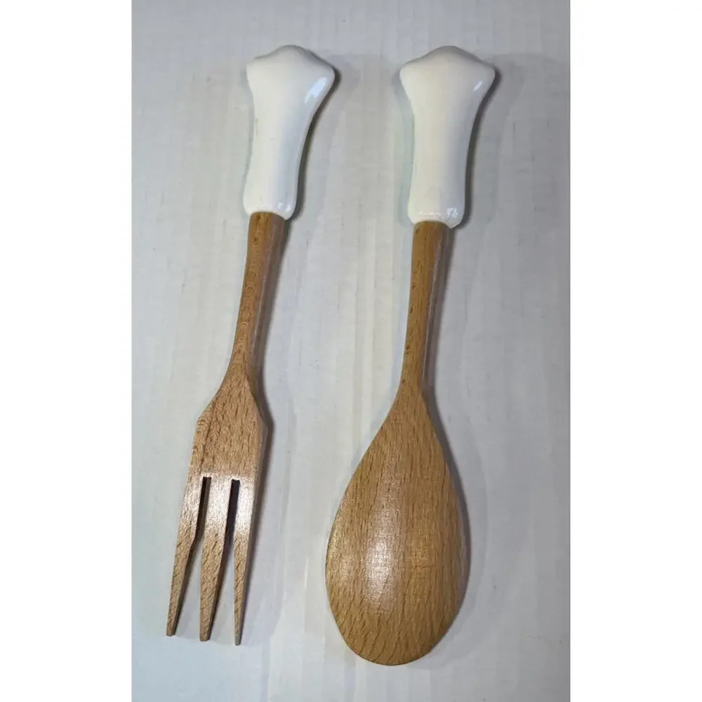 Hand Painted Montepulciano Italy Ceramic & Wood Salad Servers / Tongs Tuscany